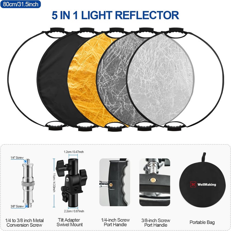 Wellmaking 32 Inch (80cm) Reflector Photography, Collapsible Light Reflector with Bag & tilt Adapter, 5 in 1 Handle Reflector for Studio & Outdoor Lighting -Translucent, Silver, Gold, White and Black - Image 2